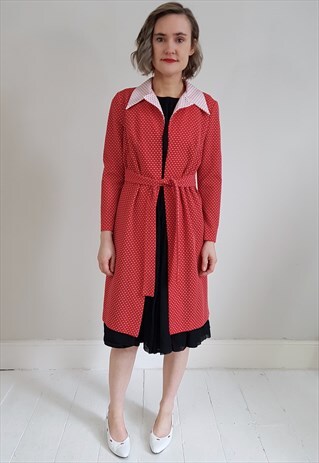VINTAGE 70'S RED AND WHITE TEXTURED OPEN DUSTER COAT