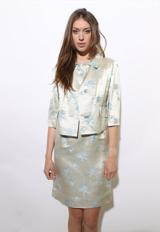 VINTAGE 1950'S 50'S CREAM BROCADE 2-PC DRESS SUIT JACKET M-L