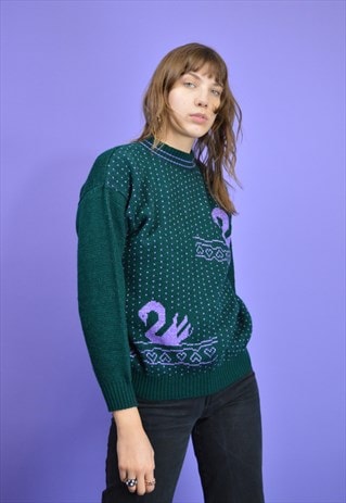 VINTAGE DARK GREEN GRAPHIC KNITTED 80'S SWEATSHIRT