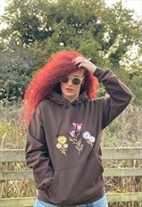 Yolotus Rose Flowers Embroidery Graphic Hoodie in Brown 