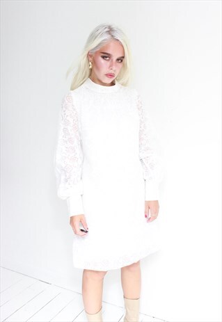 VINTAGE 60S WHITE FLORAL PUFFY SLEEVE DRESS