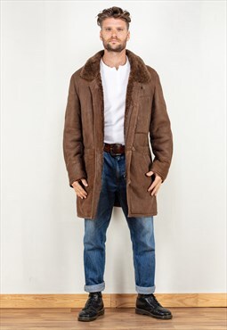 Vintage 80's Sheepskin Zip Up Coat in Brown