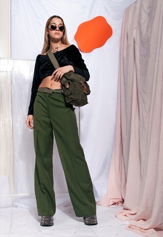 VINTAGE WIDE-LEG TROUSERS 70S HIGH-WAISTED KHAKI FLARES