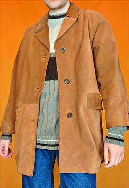 Vintage Suede Leather Coat Overcoat Tan Brown Winter Jacket