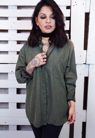 KHAKI GREEN FAUX SUEDE FINE PRINT UNISEX SHIRT