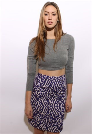 VINTAGE 80S BATIK PRINT PENCIL SKIRT PURPLE WHITE S-M
