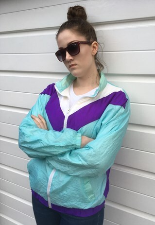 WOMENS VINTAGE 80S JACKET BLUE PATTERNED SHELL SUIT ZIPPER