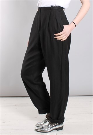 VINTAGE 80S BLACK HIGH WAISTED TAILORED PLEAT FRONT TROUSERS