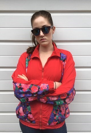 WOMENS VINTAGE 80S JACKET SHELL SUIT RED FLORAL ZIPPER COAT