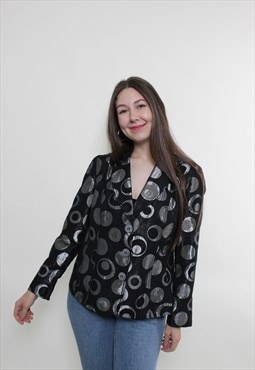 Vintage 90s abstract blouse, black printed blouse cotton 