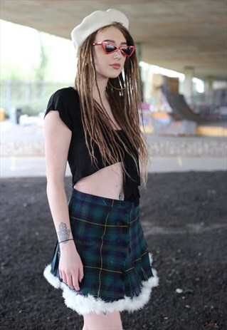 REWORKED FEATHER BOA TRIMMED TARTAN MINI SKIRT Y2K 90S