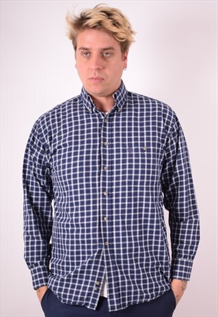 WRANGLER MENS VINTAGE SHIRT MEDIUM NAVY BLUE CHECK 90S