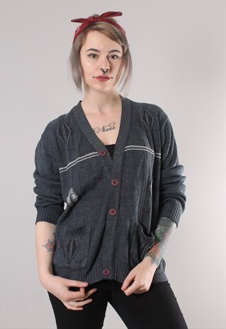 VINTAGE 80S RIBBED KNIT PATTERNED CARDIGAN