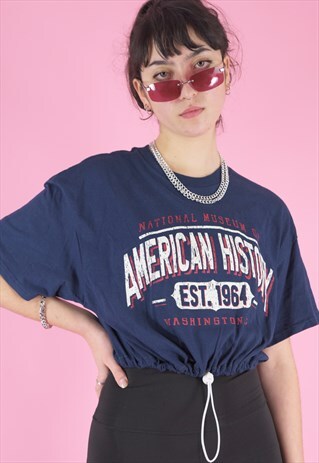 VINTAGE REWORKED CROP TOP IN NAVY W AMERICAN HISTORY PRINT