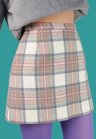 VINTAGE 90'S WOOL PLAID MINI SKIRT BEIGE PASTELS