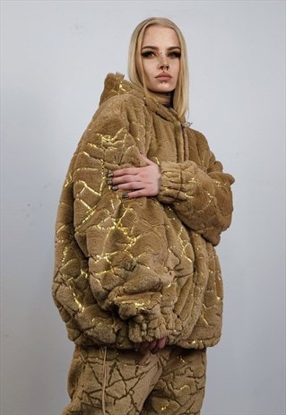 Golden faux fur jacket handmade detachable rave bomber brown