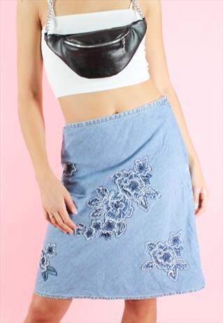 VINTAGE 90S DENIM SKIRT Y2K LIGHT BLUE FLORAL EMBROIDERY