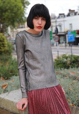 Long Sleeve Knitted Top in Metallic Silver