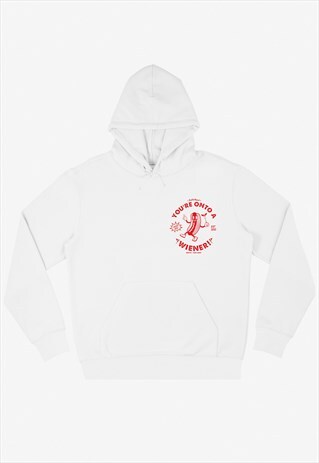 ONTO A WIENER UNISEX HOODIE WITH HOT DOG LOGO IN WHITE