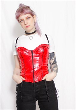 90s y2k goth red vinyl pvc o-ring lace-up bustier corset top