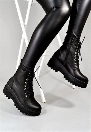 RUTH LACE UP PLATFORM CHUNKY HEEL WEDGE ANKLE BOOTS