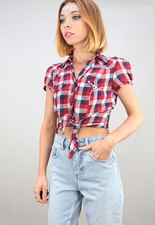 VINTAGE RETRO SUMMER FESTIVAL CHECK PATTERNED TIE CROP TOP