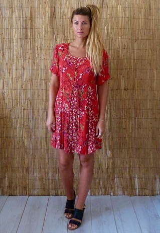 VINTAGE 90'S RED FLORAL DAY DRESS, SIZE S/M