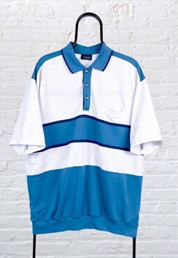 Vintage C&A Polo Shirt Striped Blue Grey XL