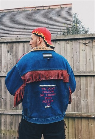 NORTH CUSTOM REWORKED EMBROIDERED FRINGE DENIM JEAN JACKET