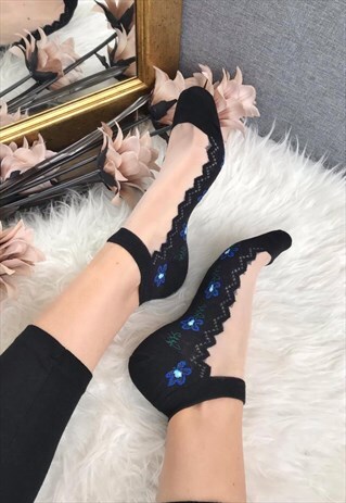 BLACK & BLUE SHEER FLORAL SOCKS