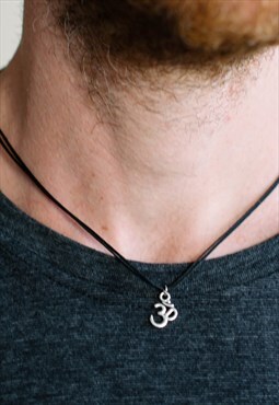 Om necklace for men silver charm black string yoga gift mens