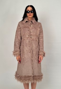 Vintage y2k 00s Afghan Brown Tan Suede & Fur Long Coat