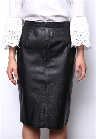 VINTAGE 80S BLACK LEATHER PENCIL SKIRT