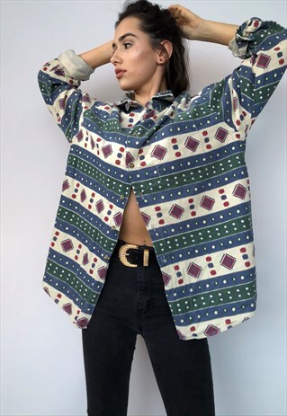 VINTAGE TOM TAILOR CORD TOP AZTEC NAVAJO CRAZY PATTERN SHIRT