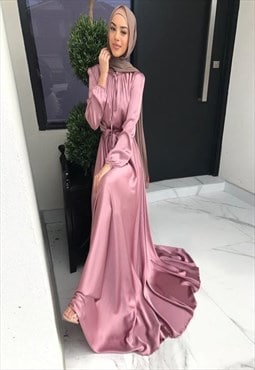 Pink Satin Belted Long Sleeve Modest Abaya Maxi Dress