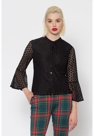 BLACK FITTED BLOUSE WITH 3/4 LENGTH FLARED CUFF SLEEVES