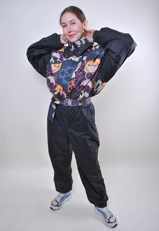 VINTAGE BLACK ONE PIECE SKI SUIT, WOMAN ABSTRACT SNOW SUIT