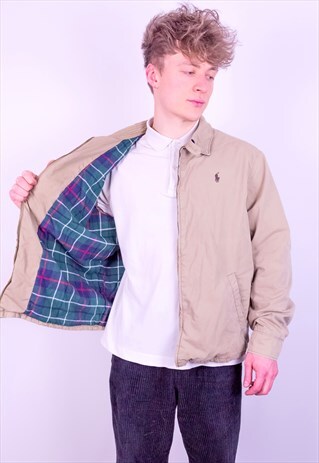 VINTAGE RALPH LAUREN CHECK LINED HARRINGTON JACKET BEIGE XL
