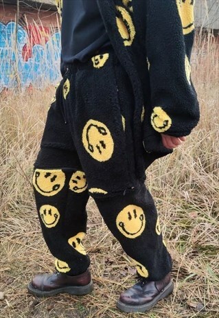 EMOJI FLEECE JOGGERS DETACHABLE HANDMADE Y2K SMILE OVERALLS