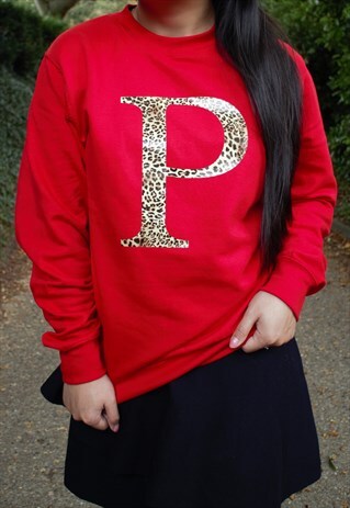 PERSONALISED SWEATSHIRT IN RED WITH LEOPARD INITIAL