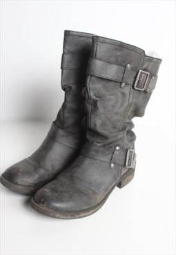 Vintage Y2K Distressed Leather Buckle Boots Black