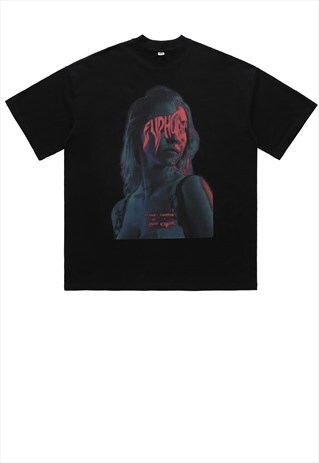 EUPHORIA SLOGAN T-SHIRT Y2K GIRL PRINT GRAFFITI TEE IN BLACK