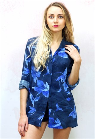 1990S VINTAGE BLUE FLORAL VISCOSE OVERSIZED SHIRT