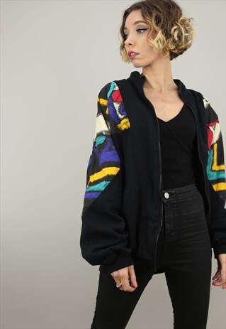 VINTAGE 80S 90S OVERSIZED BLACK PATTERNED TRACK TOP