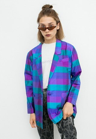 VINTAGE BLAZER BLUE PURPLE 80S MIDI PLAID WOMEN'S JACKET