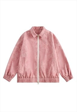 Aviator jacket faux leather solid preppy PU bomber in pink