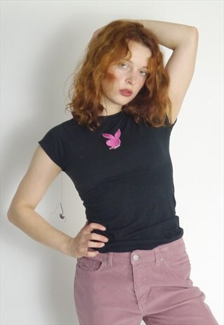 VINTAGE Y2K BLACK PLAYBOY PATCH TOP T SHIRT