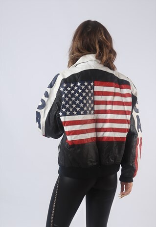 VINTAGE USA MICHAEL HOBAN LEATHER BOMBER JACKET UK 14 (GBCZ)
