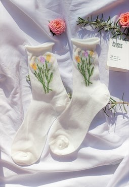 White Netted Tulip Print Socks