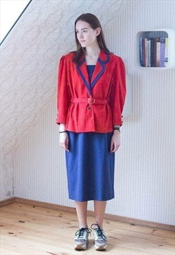 Dark blue and red belted vintage dress